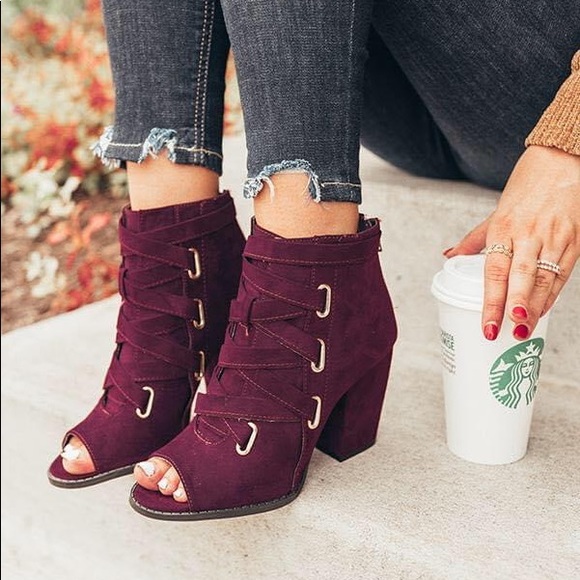 Shoes - Peep toe booties suede block heels